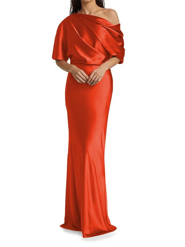 Elegant and tight fitting column shaped woven satin pleats on one shoulder 1/2 sleeves and floor length bridal Mother of the Bride Dresses