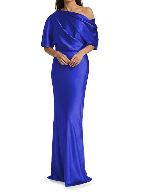 Elegant and tight fitting column shaped woven satin pleats on one shoulder 1/2 sleeves and floor length bridal Mother of the Bride Dresses