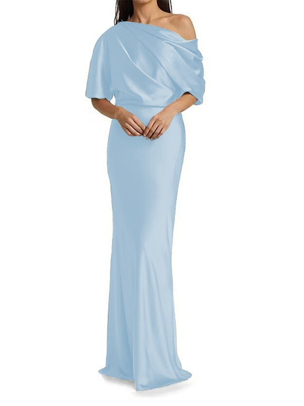 Elegant and tight fitting column shaped woven satin pleats on one shoulder 1/2 sleeves and floor length bridal Mother of the Bride Dresses