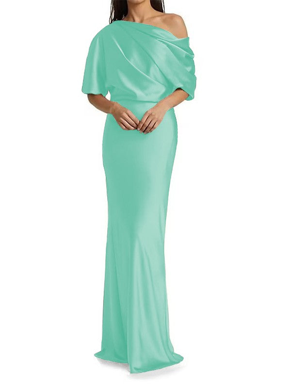 Elegant and tight fitting column shaped woven satin pleats on one shoulder 1/2 sleeves and floor length bridal Mother of the Bride Dresses