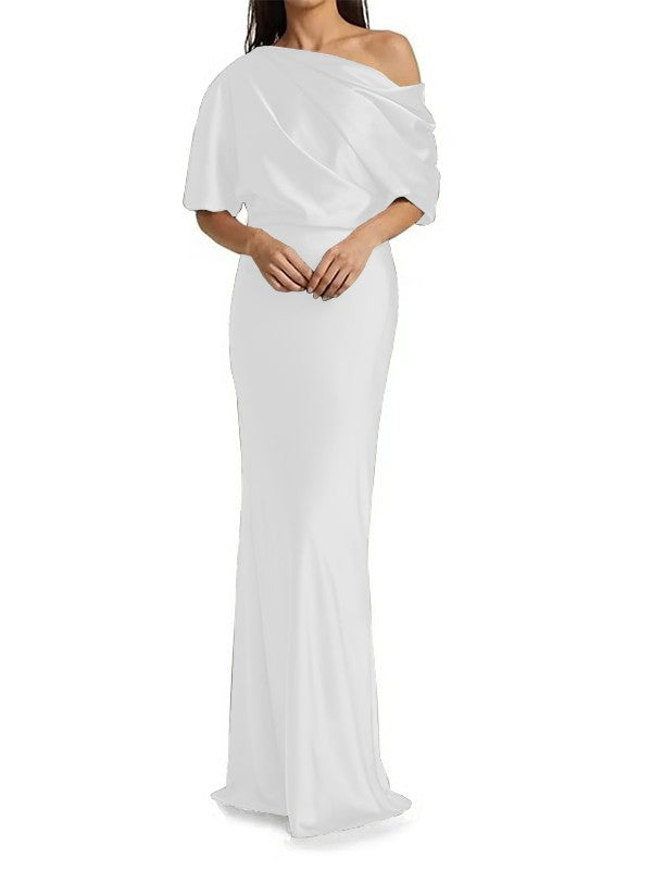 Elegant and tight fitting column shaped woven satin pleats on one shoulder 1/2 sleeves and floor length bridal Mother of the Bride Dresses