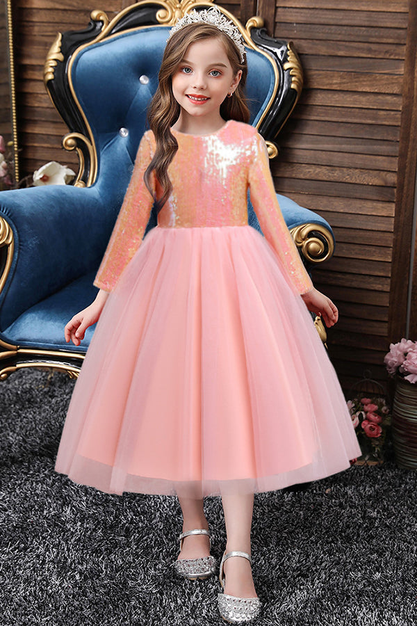 Long Sleeve Flower Girl Dress with Sequins for a Tea Length Look