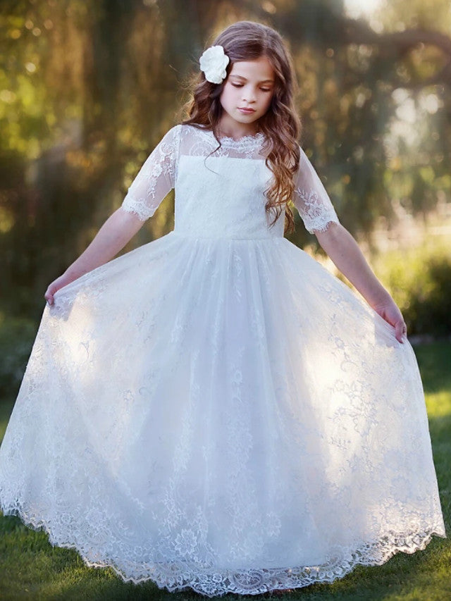 Long Sleeve Jewel A-Line Floor Length Flower Girl Dress