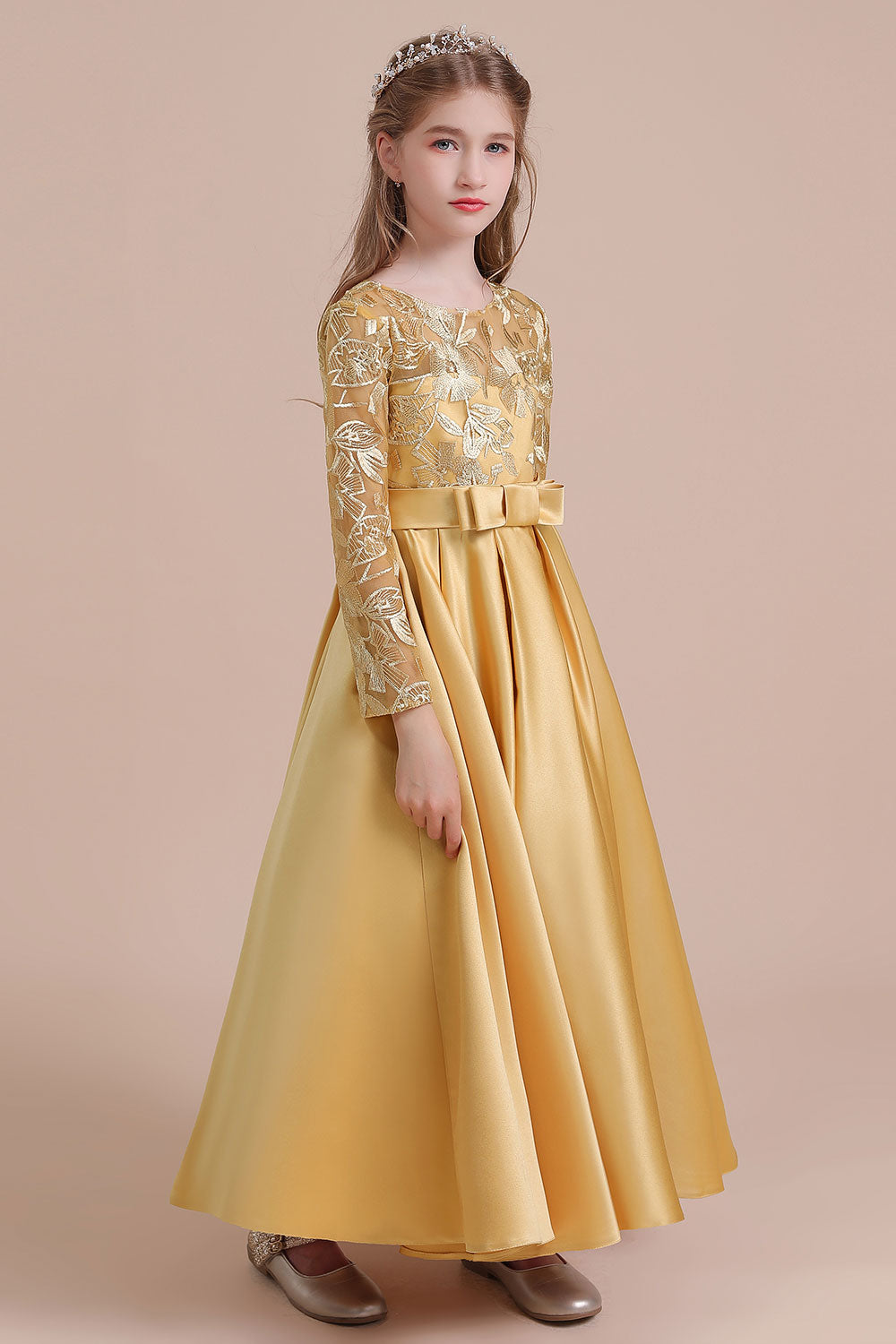 Long Sleeves Satin Flower Girl Dress for Ankle Length Look