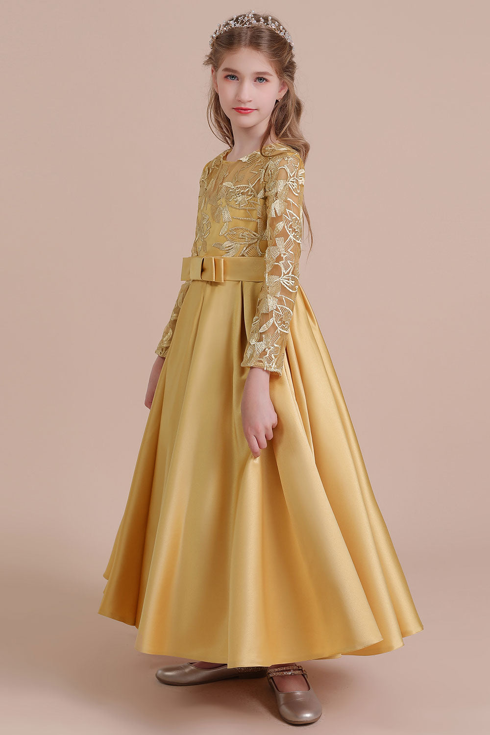 Long Sleeves Satin Flower Girl Dress for Ankle Length Look