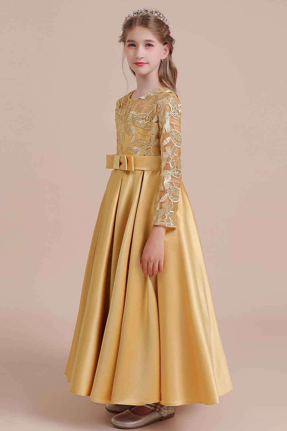 Long Sleeves Satin Flower Girl Dress for Ankle Length Look