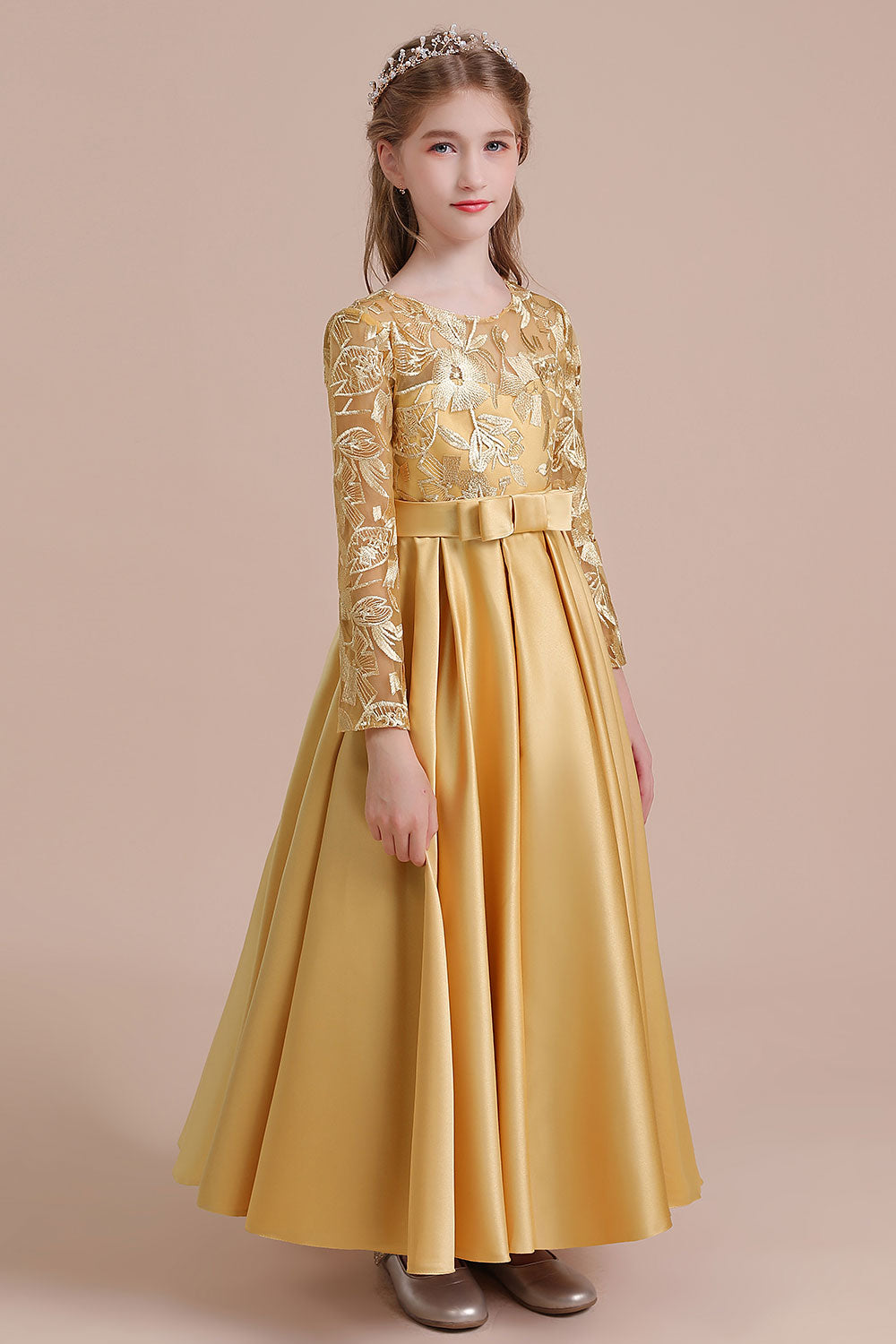 Long Sleeves Satin Flower Girl Dress for Ankle Length Look