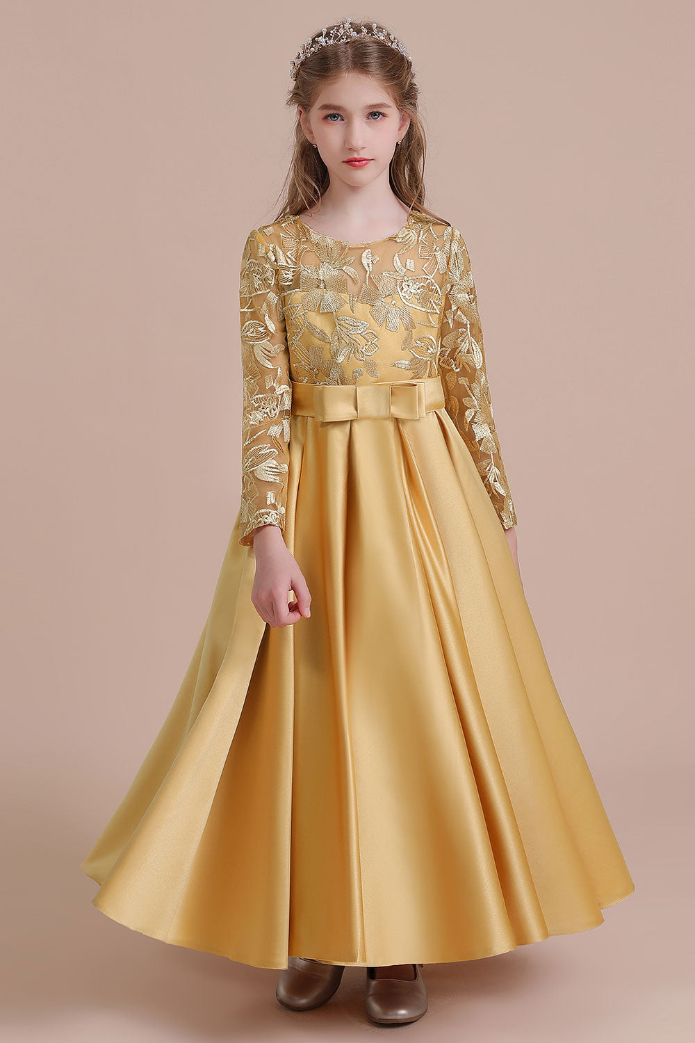 Long Sleeves Satin Flower Girl Dress for Ankle Length Look