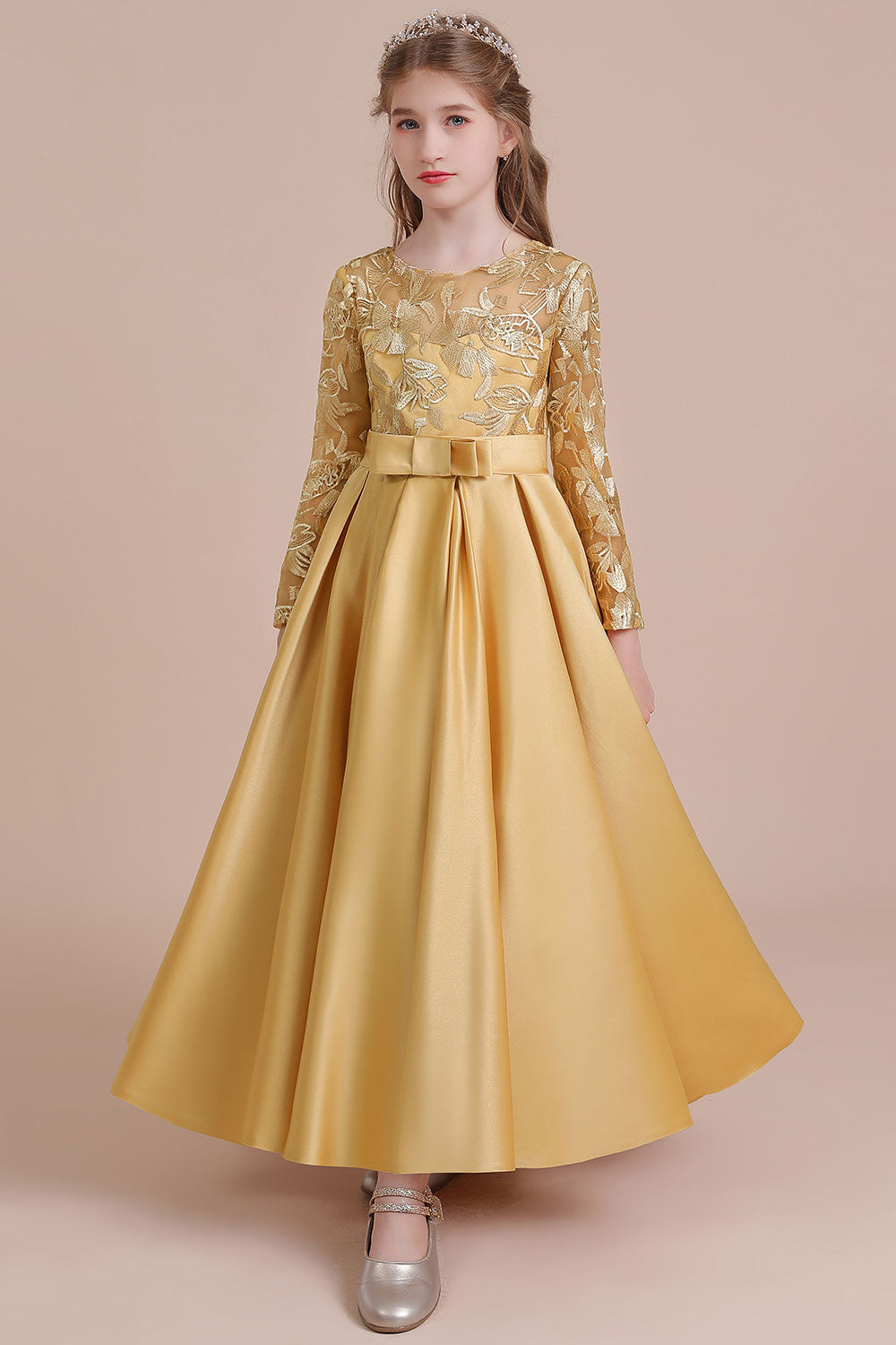 Long Sleeves Satin Flower Girl Dress for Ankle Length Look