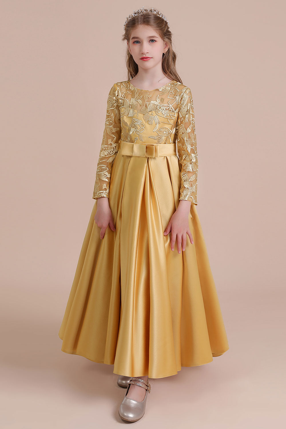 Long Sleeves Satin Flower Girl Dress for Ankle Length Look