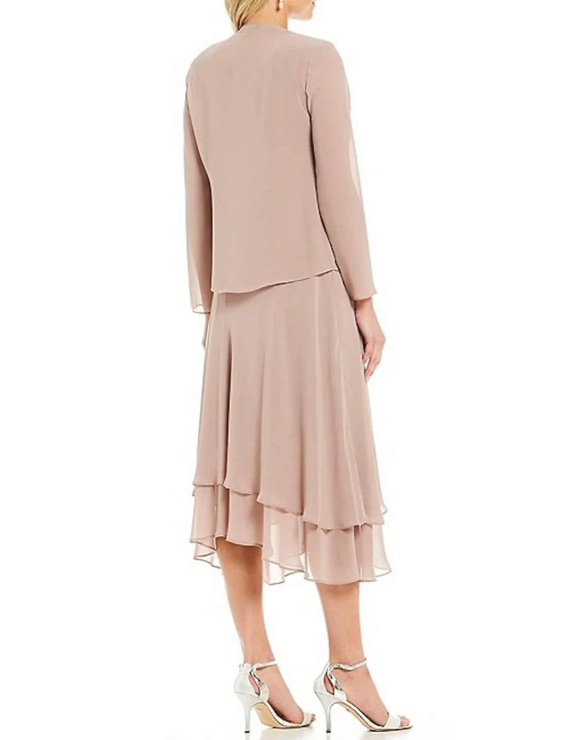 Two Piece A-Line Mother of the Bride Dress Wedding Guest Elegant Jewel Neck Tea Length Chiffon Long Sleeve with Beading Cascading Ruffles