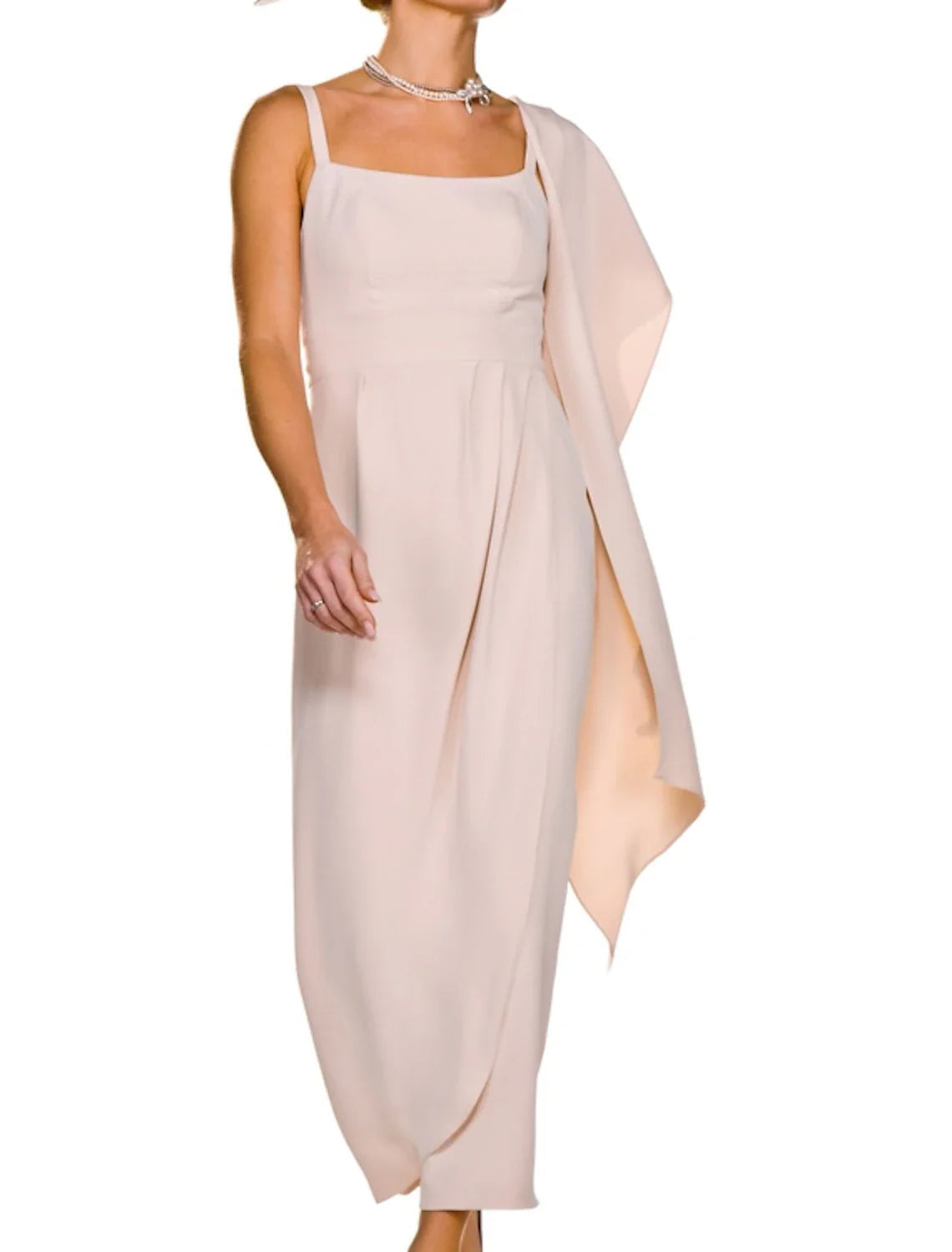Two Piece Sheath / Column Mother of the Bride Dress Wedding Guest Elegant Square Neck Ankle Length Fabric Sleeveless Short Jacket Dresses with Buttons Pleats