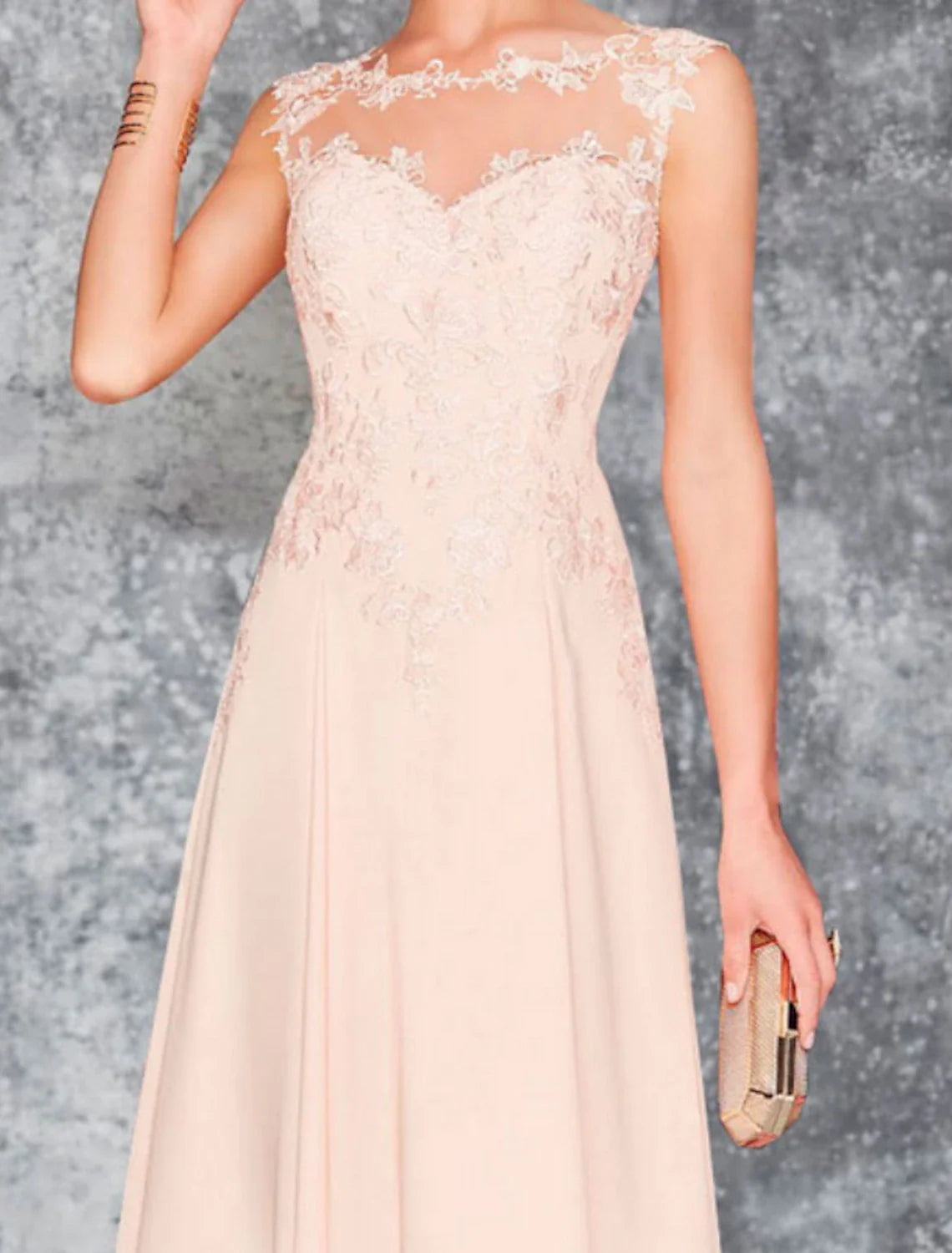 A-Line Mother of the Bride Dress Wedding Guest Jewel Neck Knee Length Chiffon Lace Long Sleeve Wrap Included with Appliques Ruching