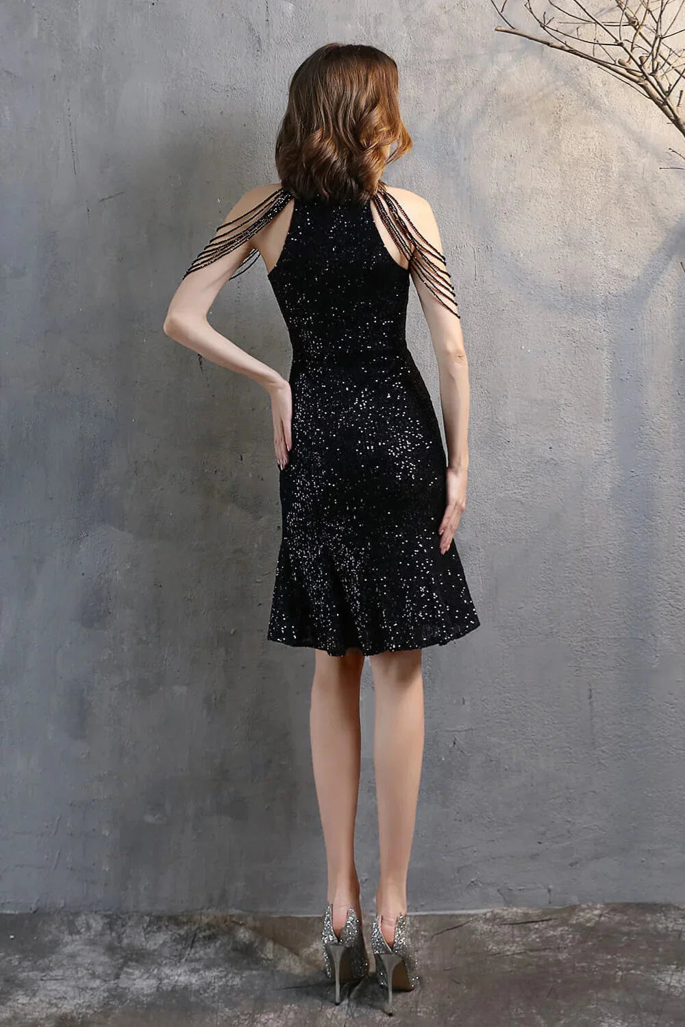 Modern Halter Mermaid Short Evening Dress Tassels Sequins Party Gowns
