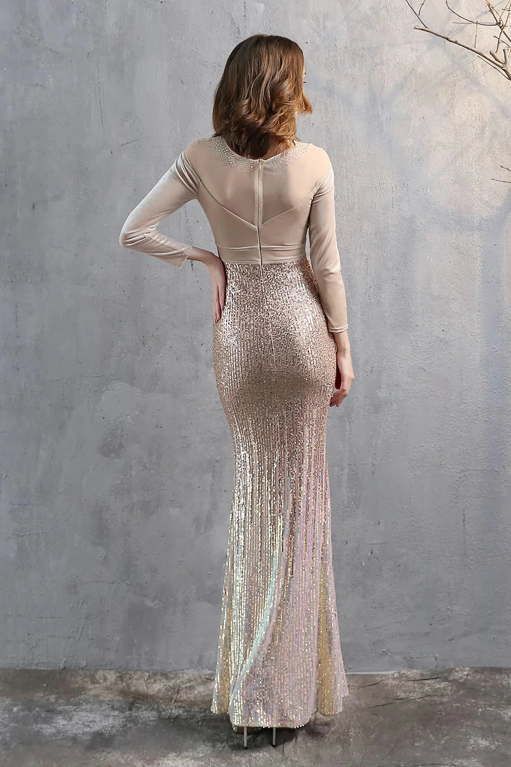 Modern Long Sleeves Illussion Neck Evening Dress Mermaid Sequins Long