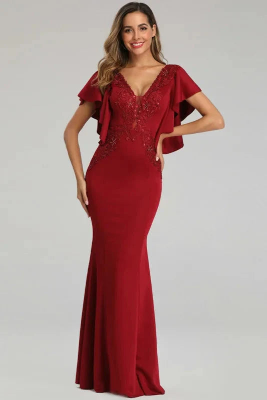 Modern V-Neck Mermaid Prom Dress Long Evening Gowns With Appliques Ruffles