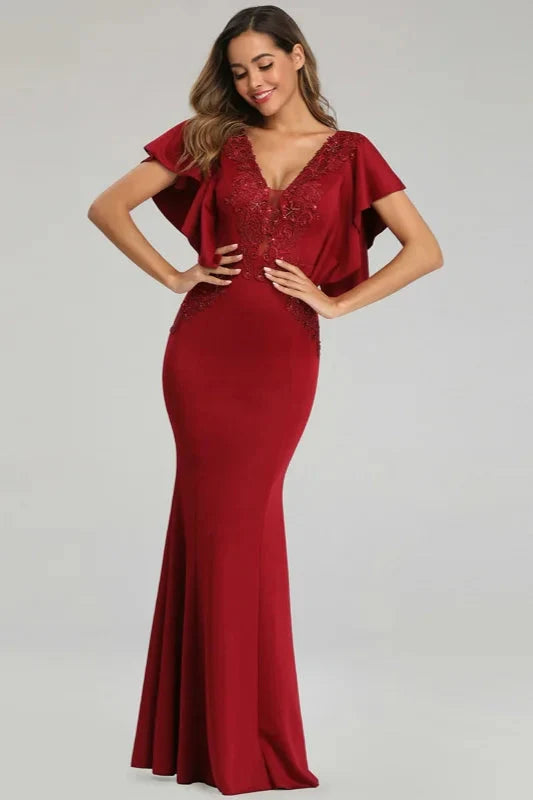 Modern V-Neck Mermaid Prom Dress Long Evening Gowns With Appliques Ruffles