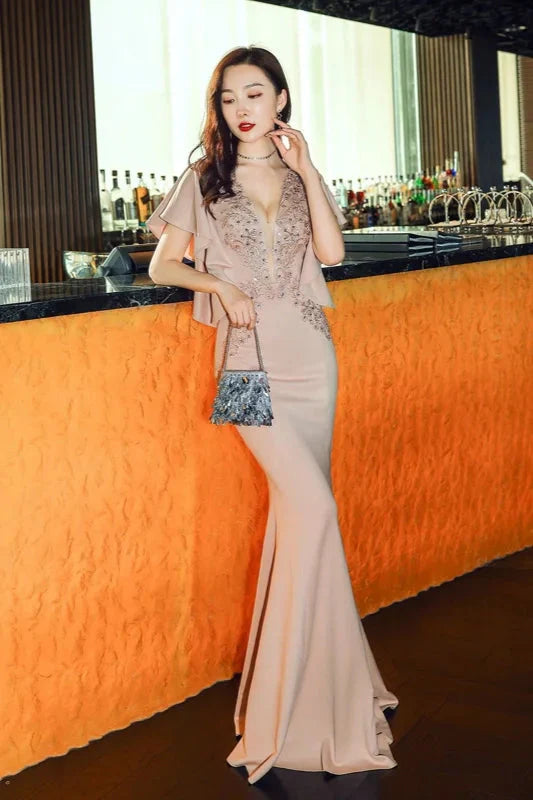 Modern V-Neck Mermaid Prom Dress Long Evening Gowns With Appliques Ruffles