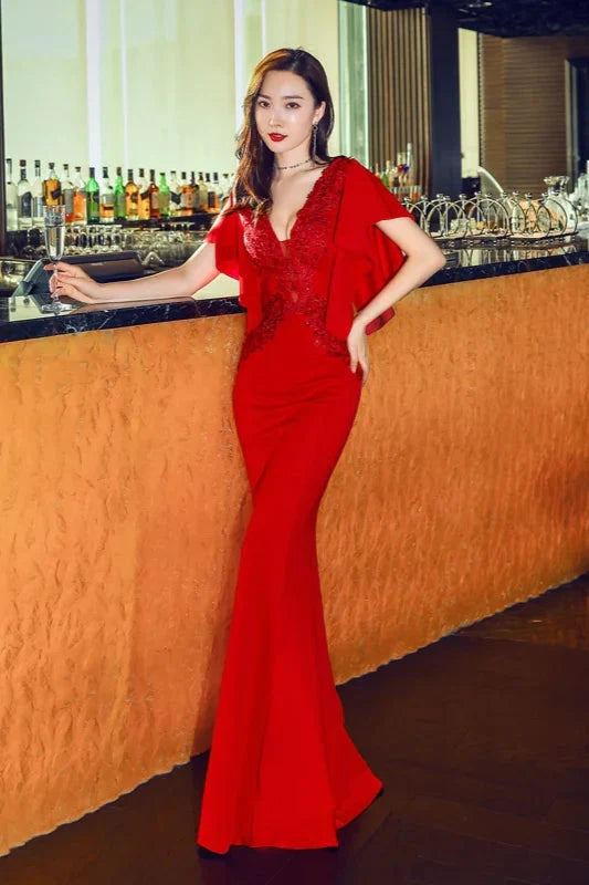 Modern V-Neck Mermaid Prom Dress Long Evening Gowns With Appliques Ruffles