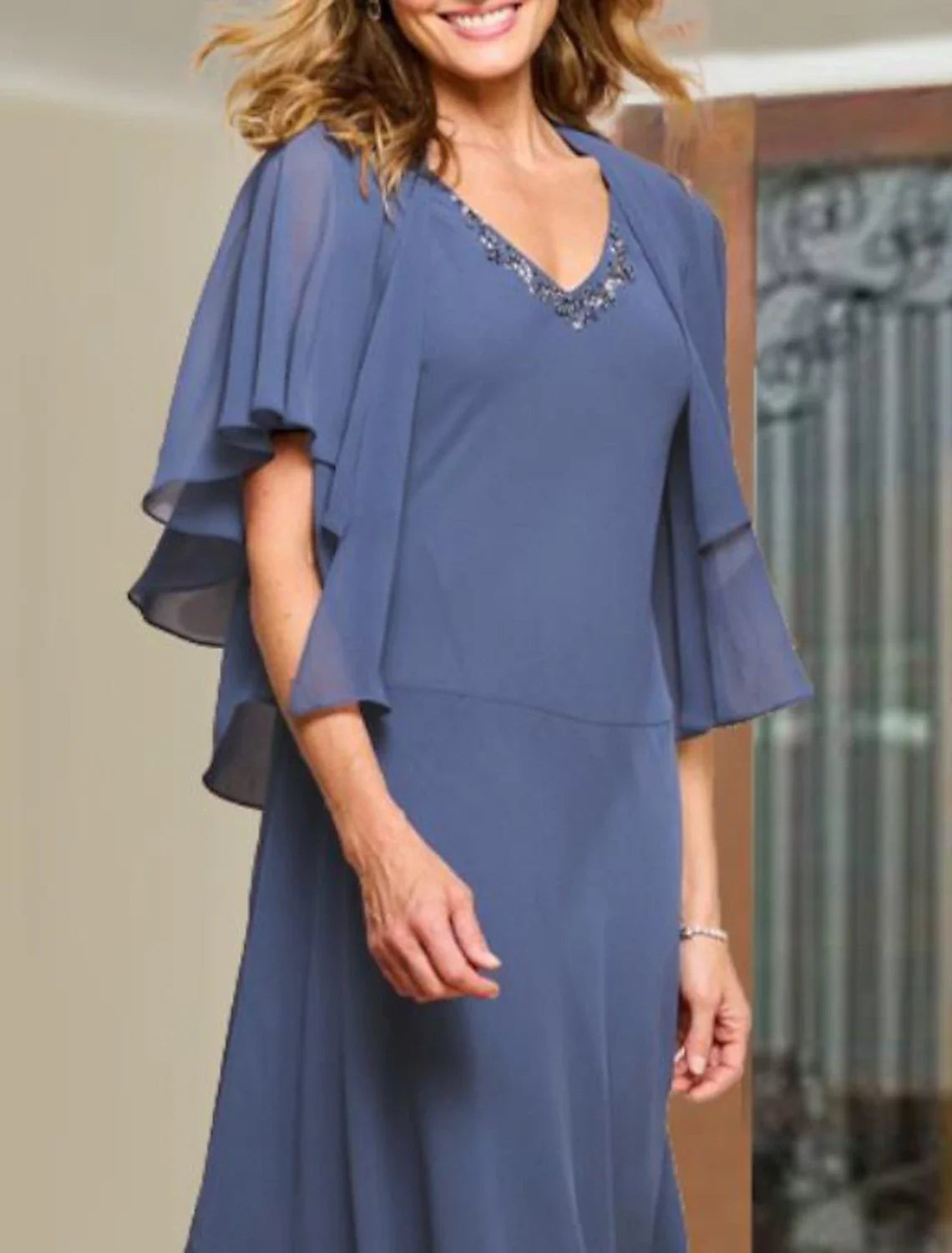 Two Piece A-Line Mother of the Bride Dress Wedding Guest Elegant Plus Size V Neck Tea Length Chiffon Short Sleeve Wrap Included Short Jacket Dresses with Beading Ruffles
