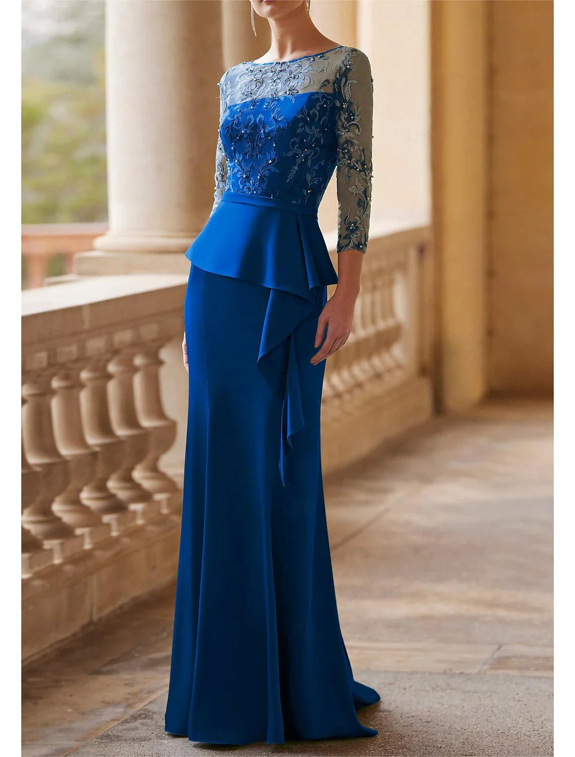 Mermaid/Small Mother of the bride dresses Wedding Guests Elegant Retro Party Illusion Neckline and Floor Length Lace Fabric 3/4 Long Sleeves Half Sleeve Belt/Ribbon Pleated Beads
