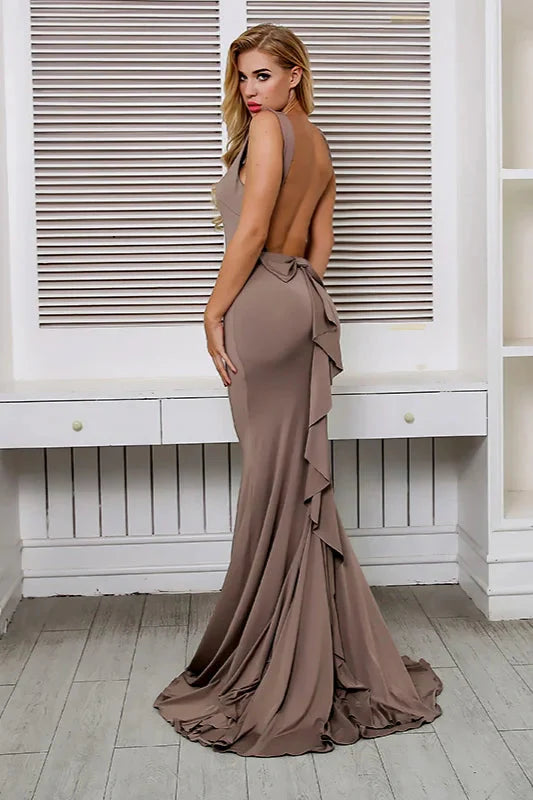 New Arrival Mermaid Backless Prom Dress Long Ruffles Evening Gowns Online