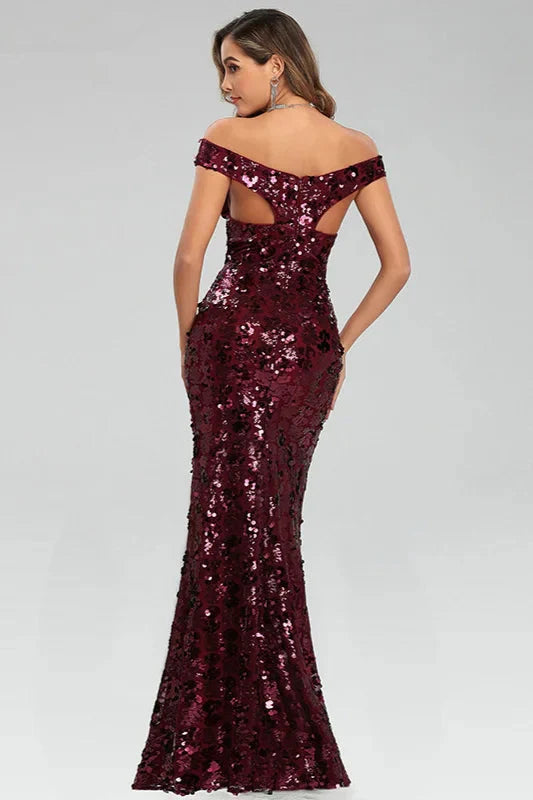 Off-the-Shoulder Burgundy Seuqins Prom Dress Long Mermaid Evening Party Gowns