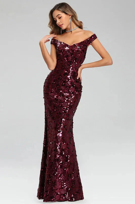 Off-the-Shoulder Burgundy Seuqins Prom Dress Long Mermaid Evening Party Gowns