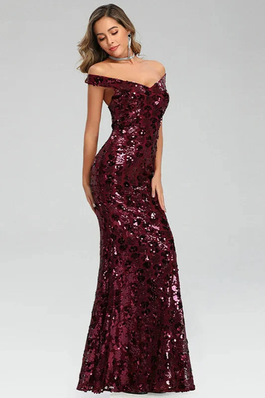 Off-the-Shoulder Burgundy Seuqins Prom Dress Long Mermaid Evening Party Gowns