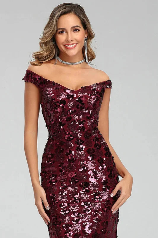 Off-the-Shoulder Burgundy Seuqins Prom Dress Long Mermaid Evening Party Gowns