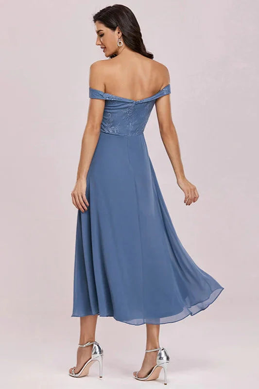 Off-the-Shoulder Dusty Blue Lace Evening Gown