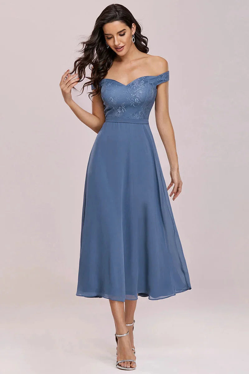 Off-the-Shoulder Dusty Blue Lace Evening Gown