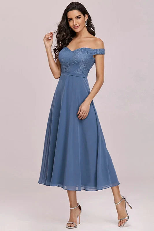 Off-the-Shoulder Dusty Blue Lace Evening Gown