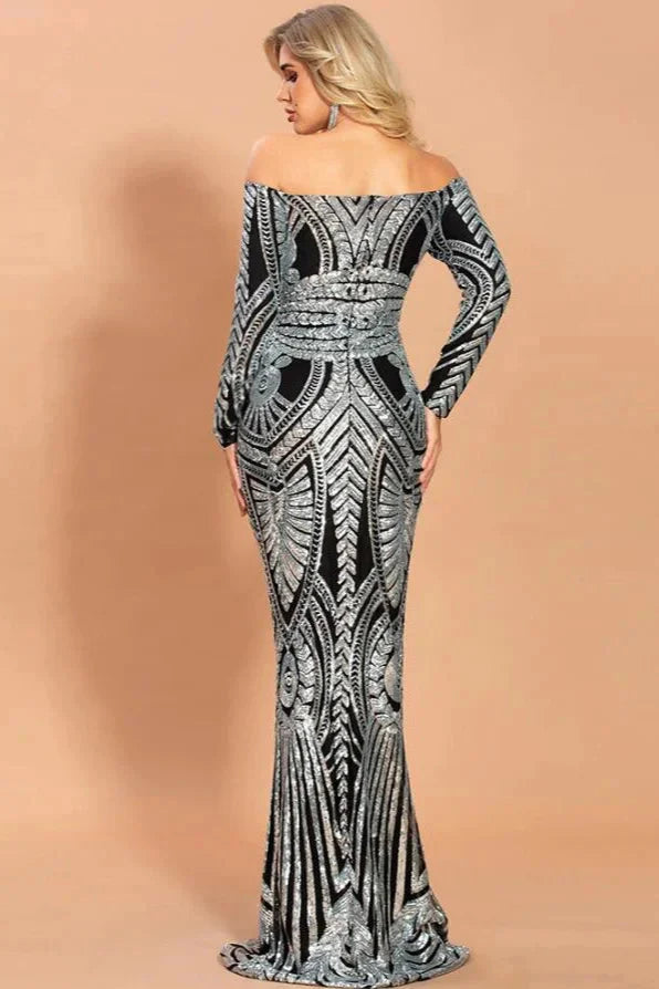Off-the-Shoulder Long Sleeve Prom Dress Mermaid Sequins Evening Gowns
