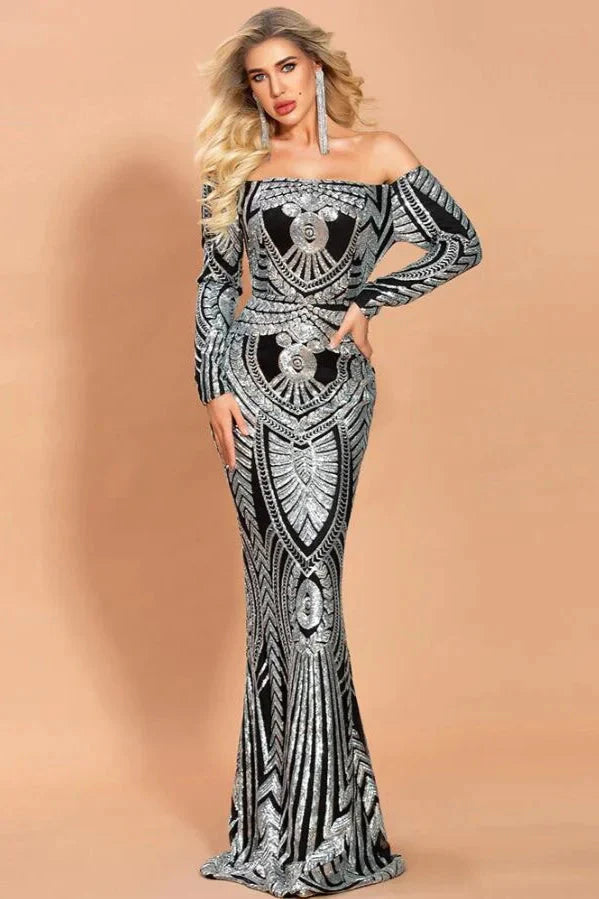 Off-the-Shoulder Long Sleeve Prom Dress Mermaid Sequins Evening Gowns