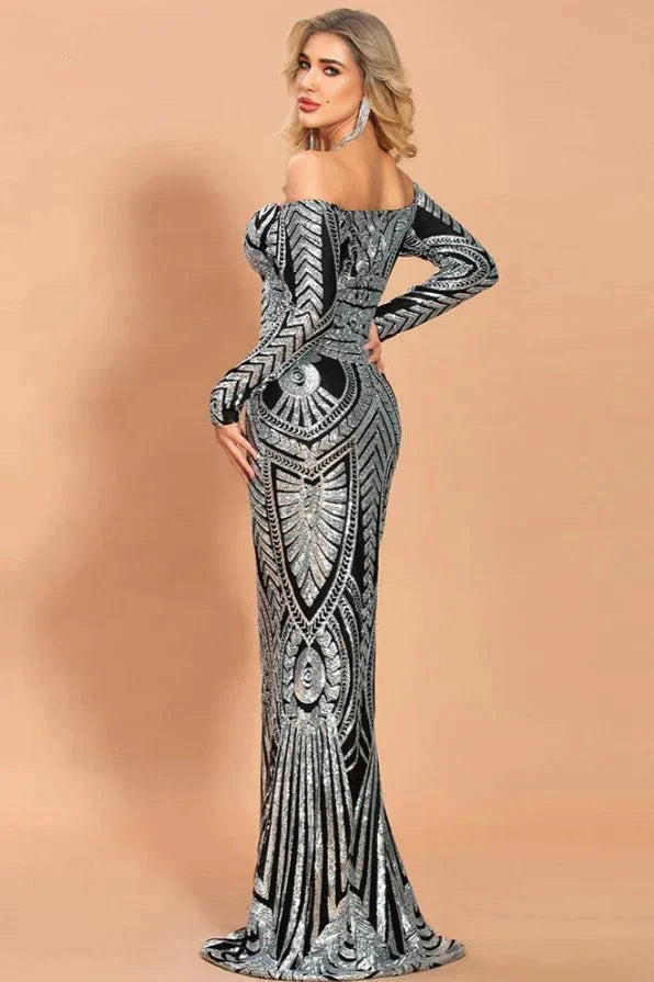Off-the-Shoulder Long Sleeve Prom Dress Mermaid Sequins Evening Gowns