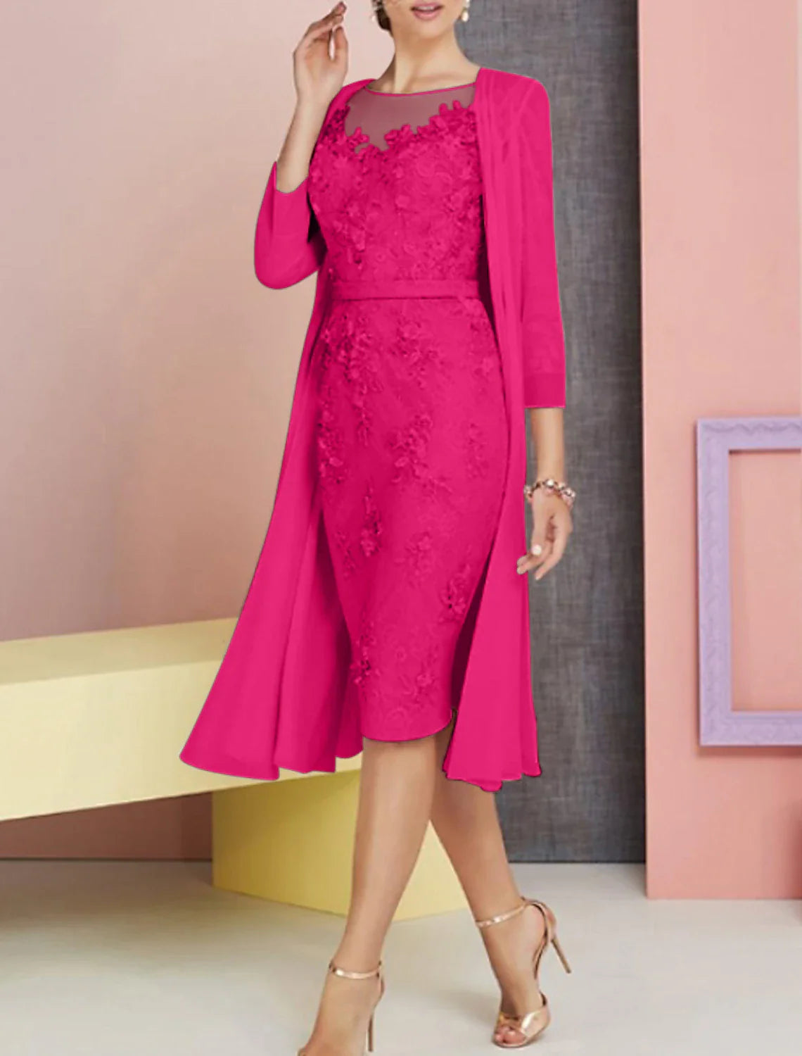Two Piece Sheath / Column Mother of the Bride Dress Wedding Guest Church Elegant Vintage Plus Size Bateau Neck Knee Length Chiffon Lace 3/4 Length Sleeve Jacket Dresses with Appliques