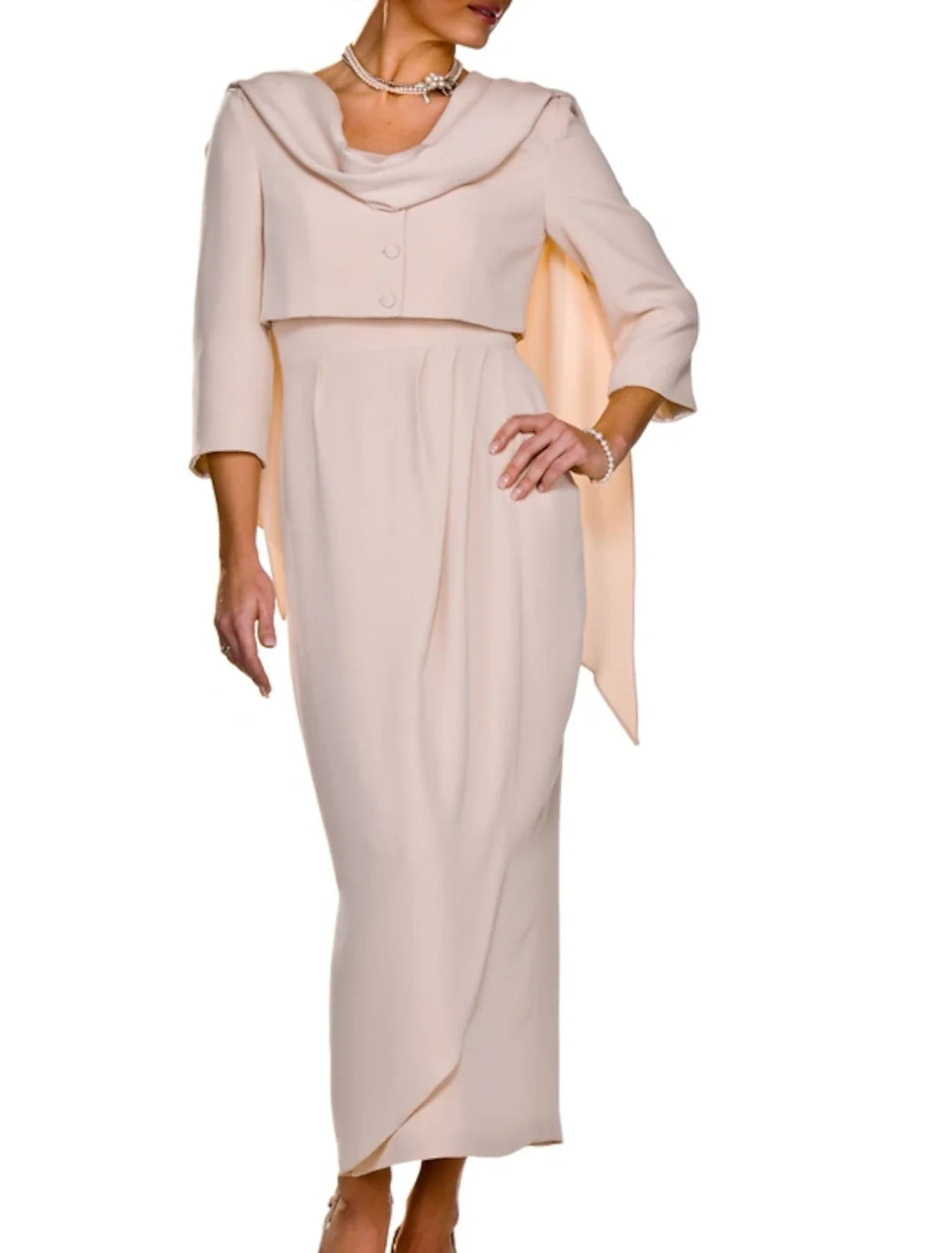 Two Piece Sheath / Column Mother of the Bride Dress Wedding Guest Elegant Square Neck Ankle Length Fabric Sleeveless Short Jacket Dresses with Buttons Pleats