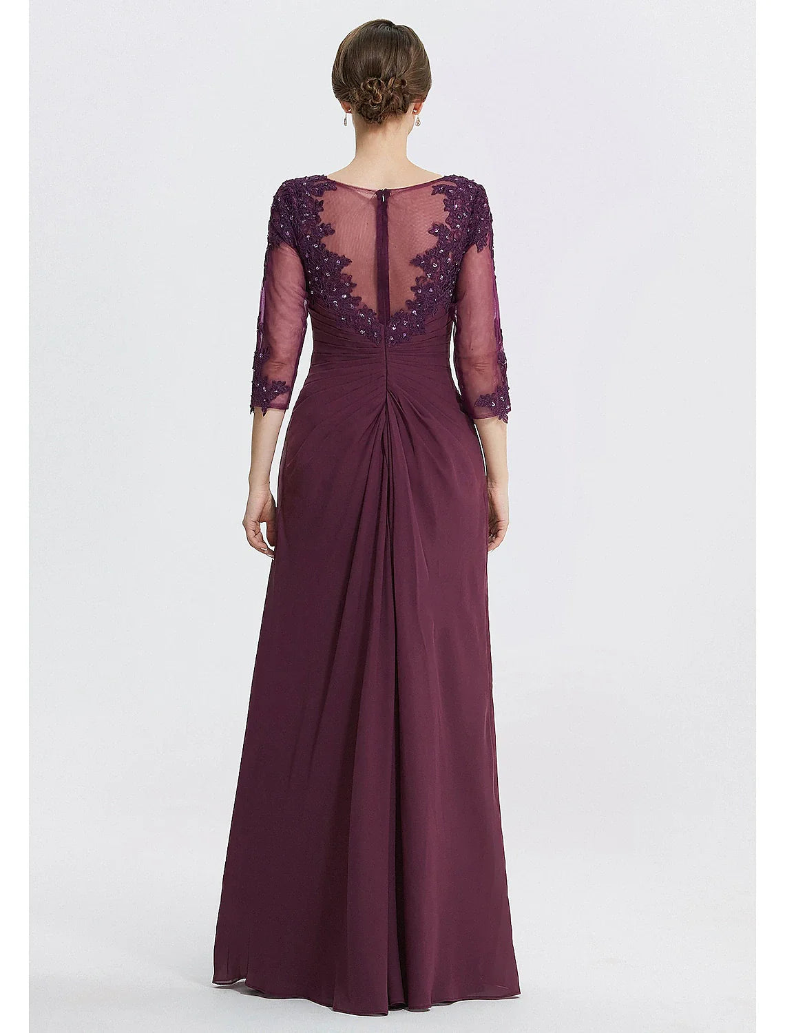 Sheath / Column Mother of the Bride Dress With Overskirts Formal Wedding Guest Elegant Sequin Scoop Neck Floor Length Chiffon Lace 3/4 Sleeve with Appliques Sparkle & Shine