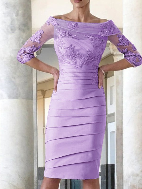 Elegant tight fitting straight tube satin decal 3/4 sleeve knee length bridal Mother of the Bride Dresses