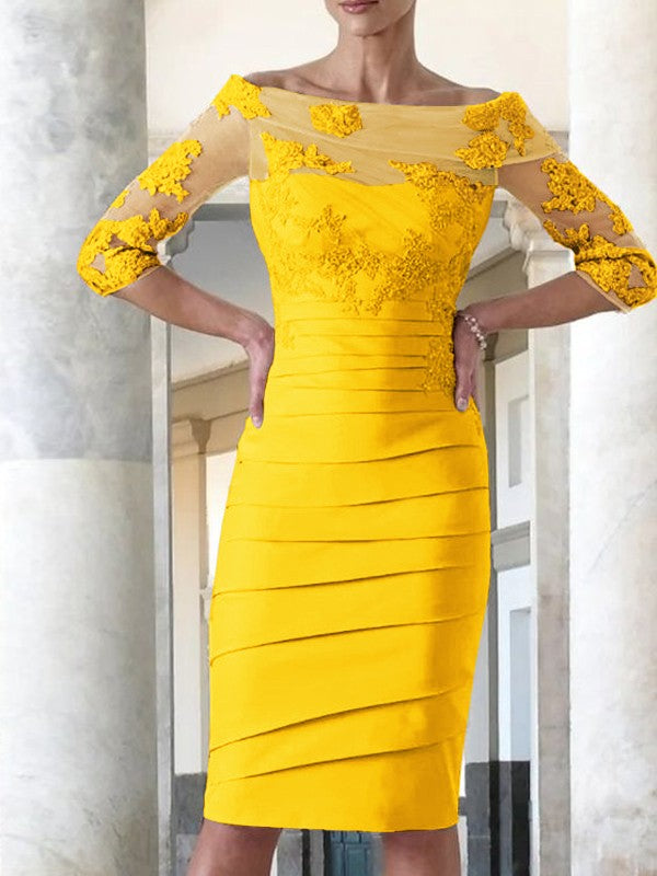 Elegant tight fitting straight tube satin decal 3/4 sleeve knee length bridal Mother of the Bride Dresses