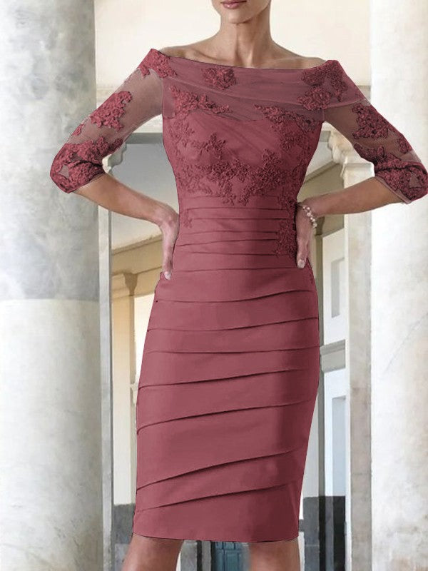 Elegant tight fitting straight tube satin decal 3/4 sleeve knee length bridal Mother of the Bride Dresses