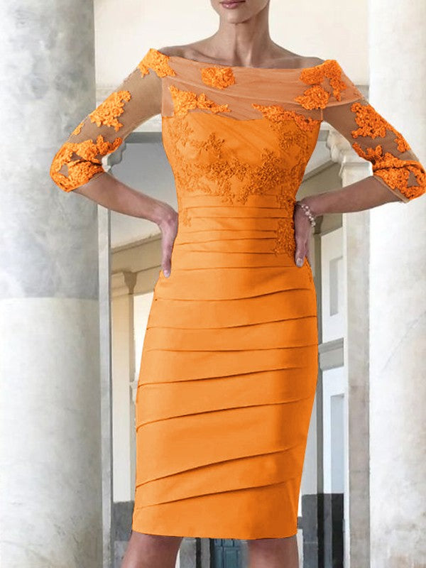 Elegant tight fitting straight tube satin decal 3/4 sleeve knee length bridal Mother of the Bride Dresses