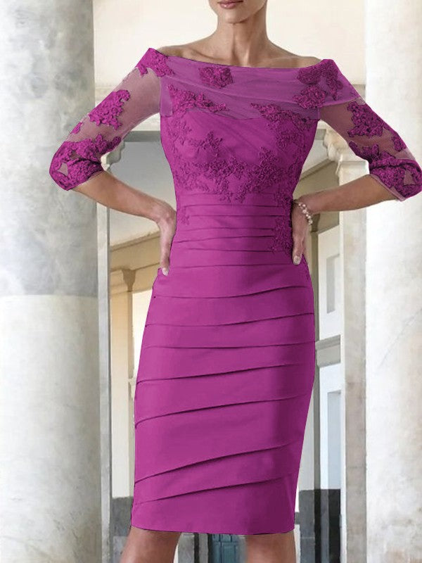 Elegant tight fitting straight tube satin decal 3/4 sleeve knee length bridal Mother of the Bride Dresses