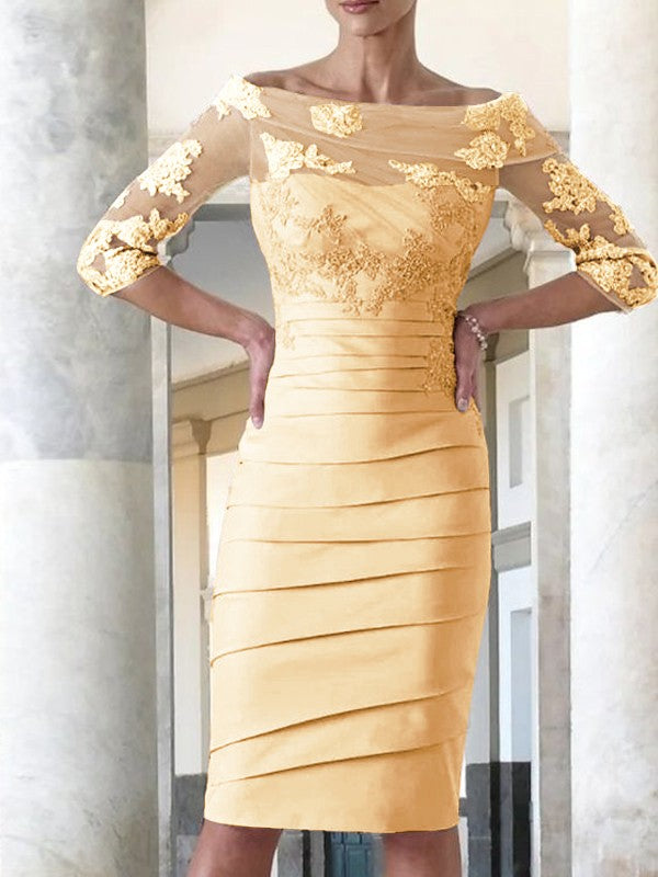 Elegant tight fitting straight tube satin decal 3/4 sleeve knee length bridal Mother of the Bride Dresses