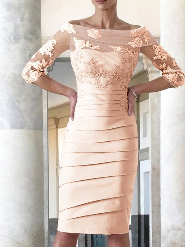 Elegant tight fitting straight tube satin decal 3/4 sleeve knee length bridal Mother of the Bride Dresses