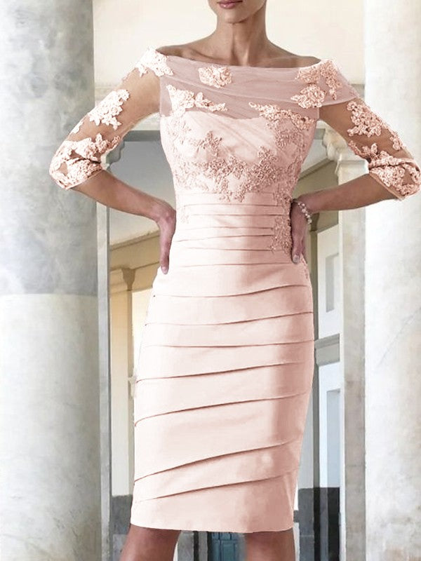 Elegant tight fitting straight tube satin decal 3/4 sleeve knee length bridal Mother of the Bride Dresses