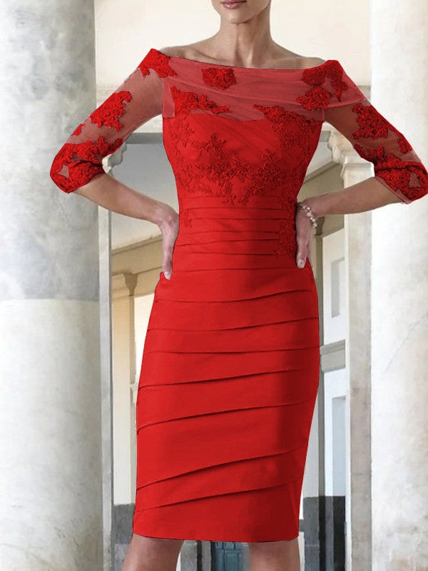 Elegant tight fitting straight tube satin decal 3/4 sleeve knee length bridal Mother of the Bride Dresses