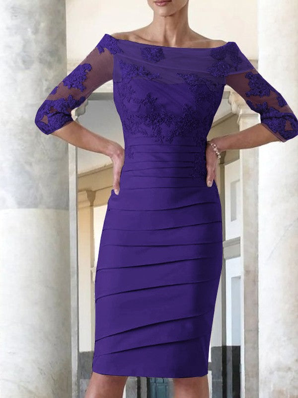 Elegant tight fitting straight tube satin decal 3/4 sleeve knee length bridal Mother of the Bride Dresses