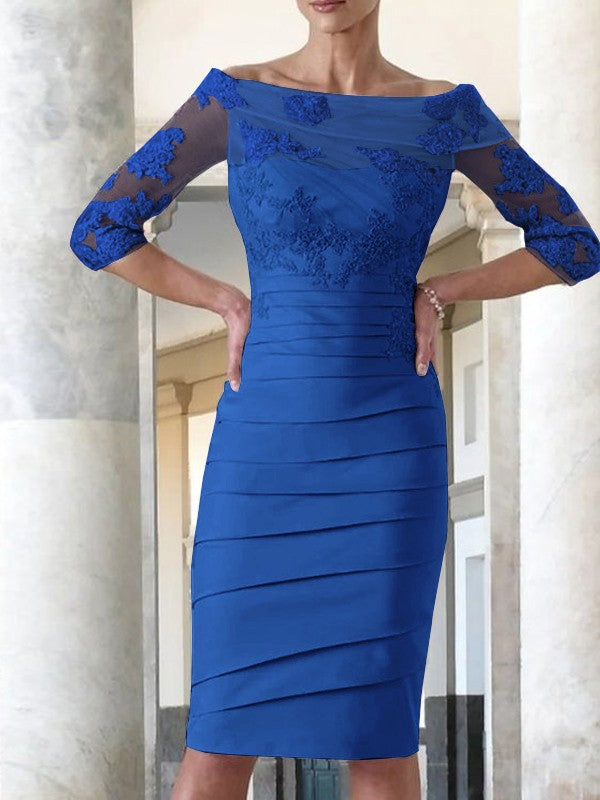 Elegant tight fitting straight tube satin decal 3/4 sleeve knee length bridal Mother of the Bride Dresses